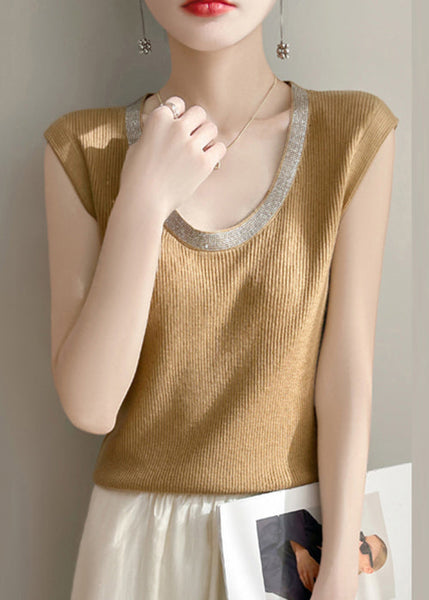 Yellow Summer U Patchwork Tank Knit Women Neck FashionChic