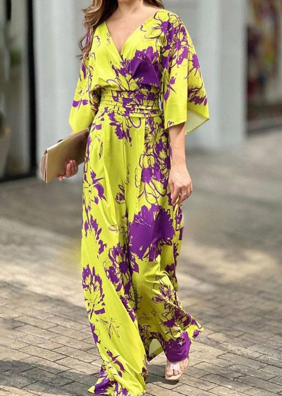 Cotton Neck Jumpsuit Summer Yellow Women V Print FashionChic