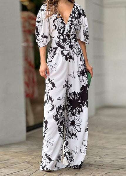 Cotton Neck Jumpsuit Summer Yellow Women V Print FashionChic