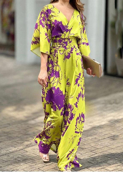 Cotton Neck Jumpsuit Summer Yellow Women V Print FashionChic