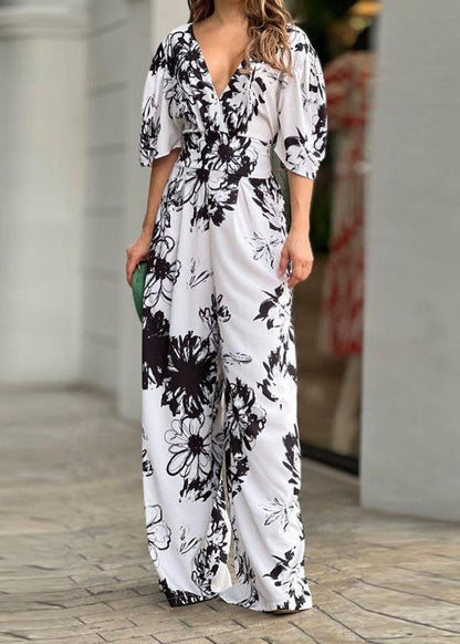 Cotton Neck Jumpsuit Summer Yellow Women V Print FashionChic