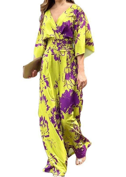 Cotton Neck Jumpsuit Summer Yellow Women V Print FashionChic