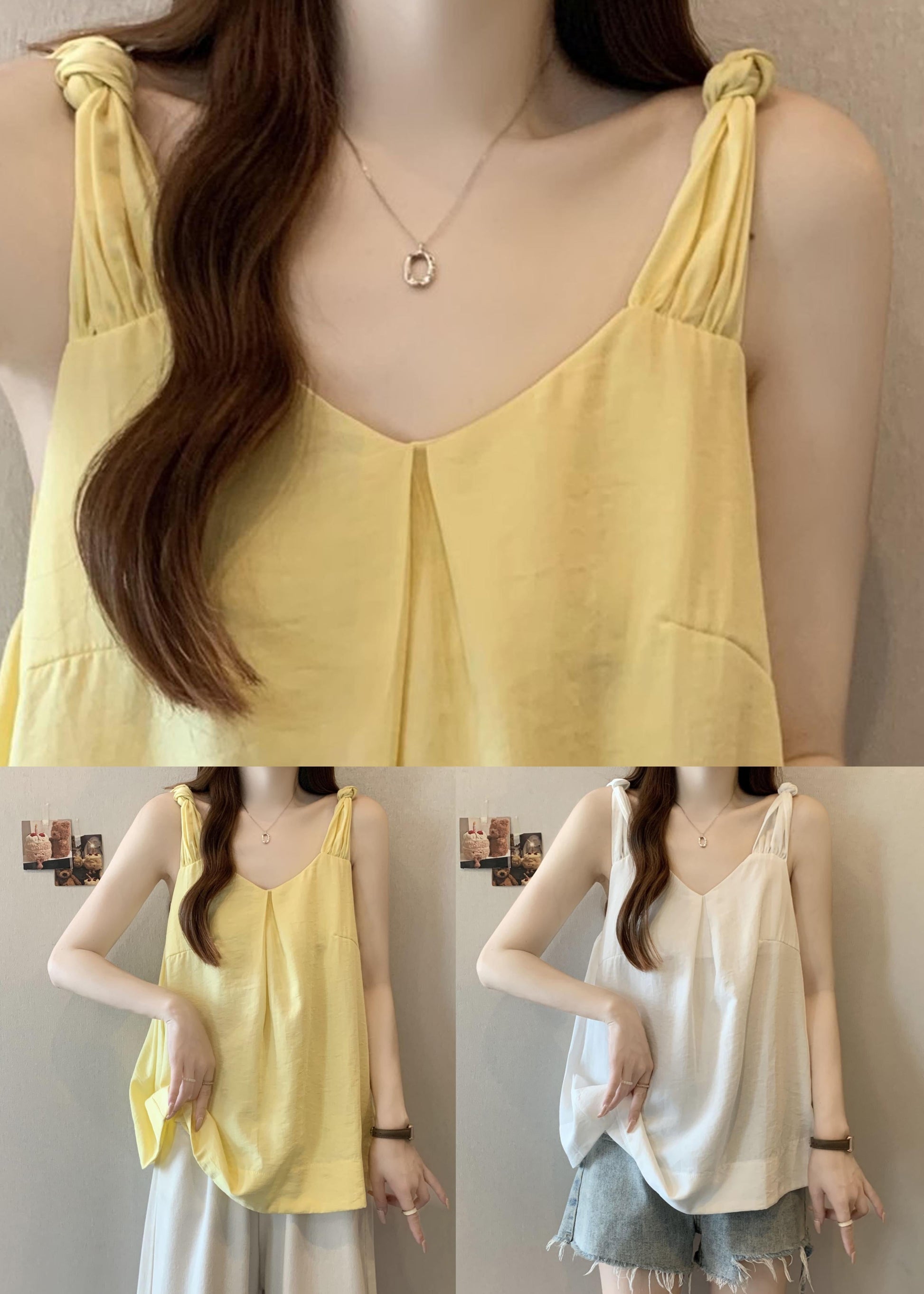 Tank Neck Solid Women Sleeveless Cotton Yellow V FashionChic