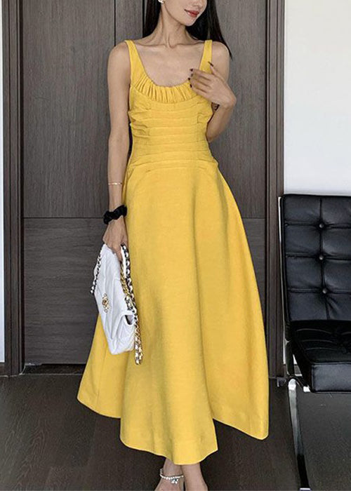 Women Yellow Wrinkled Solid Cotton Spaghetti Strap Dress Sleeveless XX080 SH-LF-SDL240611