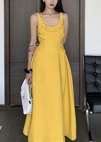 Women Yellow Wrinkled Solid Cotton Spaghetti Strap Dress Sleeveless XX080 SH-LF-SDL240611