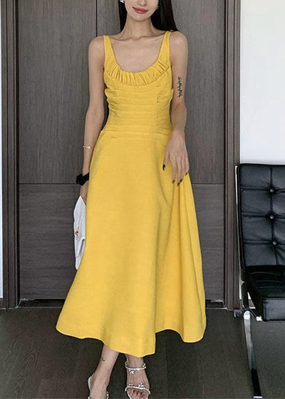 Women Yellow Wrinkled Solid Cotton Spaghetti Strap Dress Sleeveless XX080 SH-LF-SDL240611