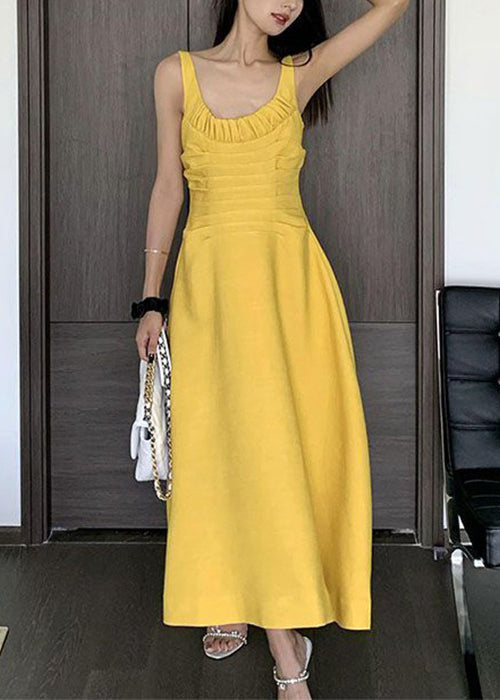 Women Yellow Wrinkled Solid Cotton Spaghetti Strap Dress Sleeveless XX080 SH-LF-SDL240611