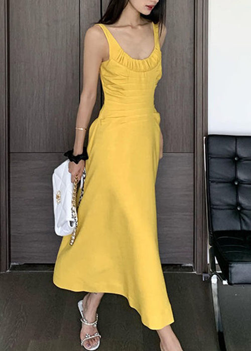 Women Yellow Wrinkled Solid Cotton Spaghetti Strap Dress Sleeveless XX080 SH-LF-SDL240611