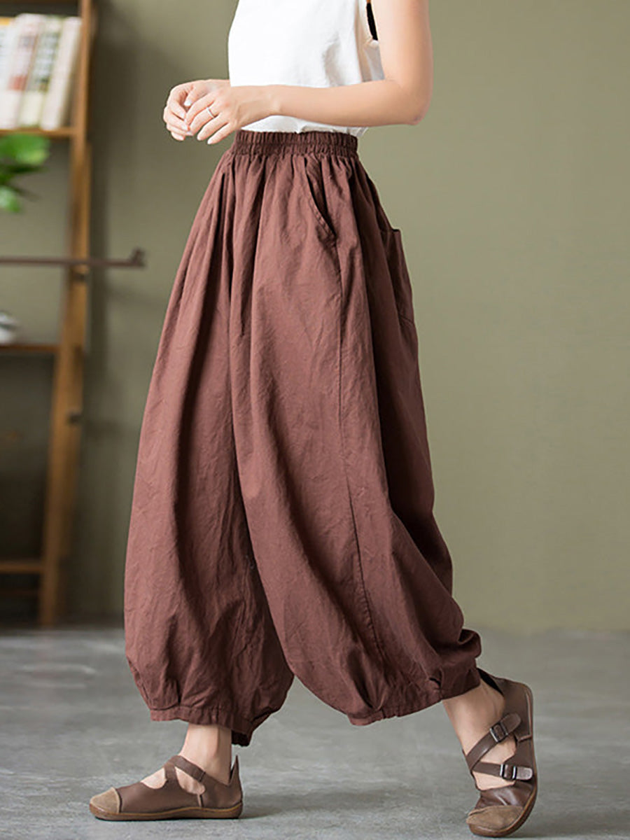 Plus Size  Women Cotton Linen Pocket Casual Lantern Pants RR1062 Buykud