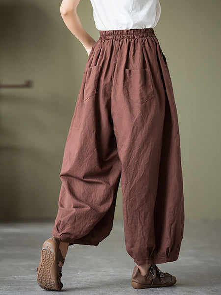 Plus Size  Women Cotton Linen Pocket Casual Lantern Pants RR1062 Buykud