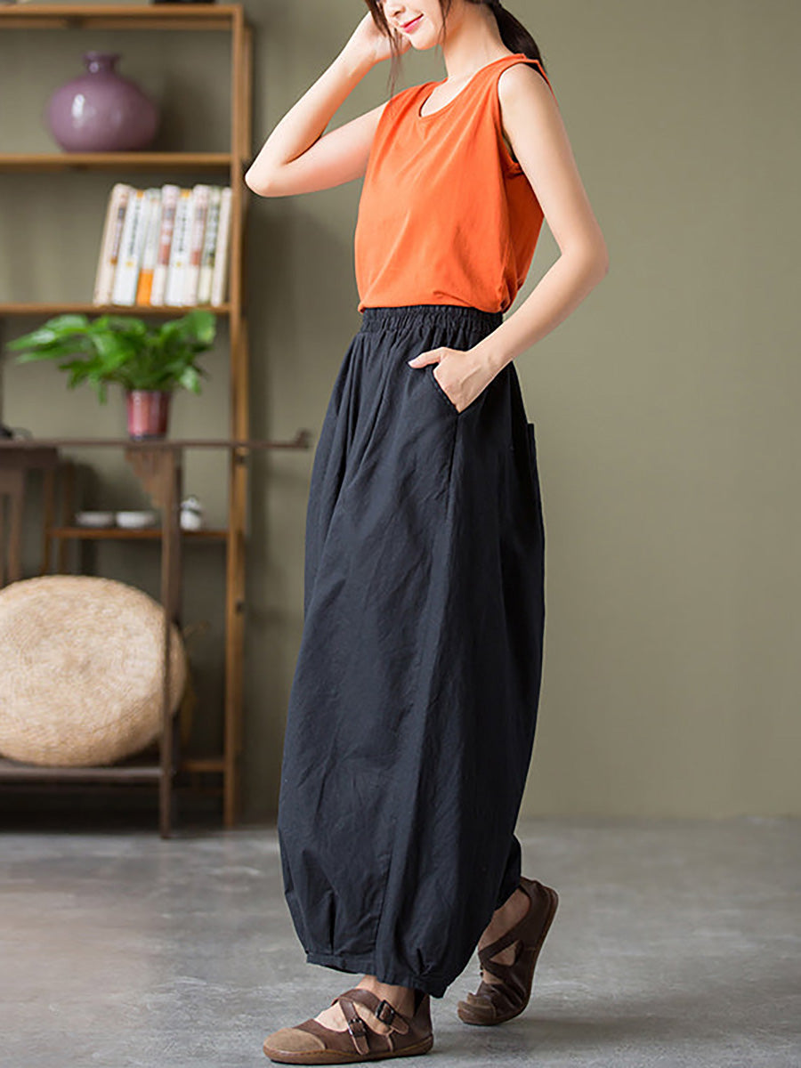 Plus Size  Women Cotton Linen Pocket Casual Lantern Pants RR1062 Buykud