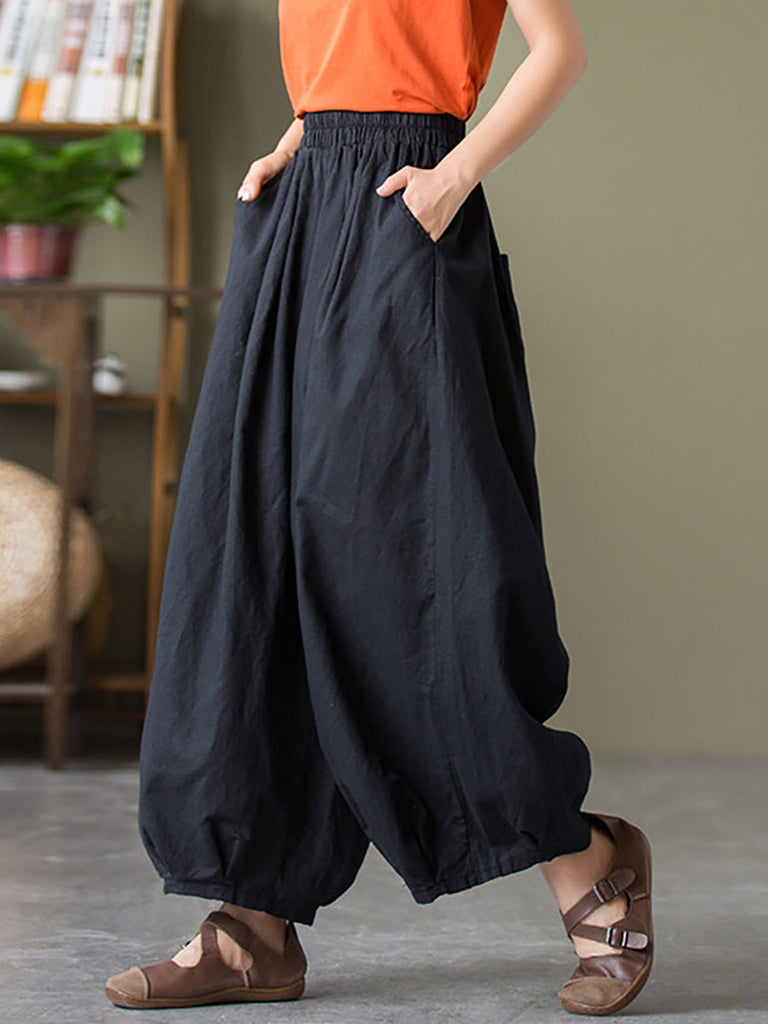 Plus Size  Women Cotton Linen Pocket Casual Lantern Pants RR1062 Buykud