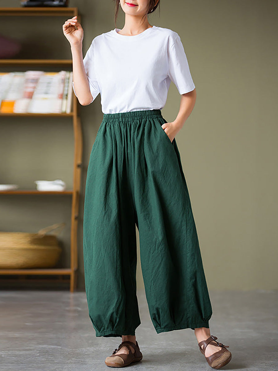 Plus Size  Women Cotton Linen Pocket Casual Lantern Pants RR1062 Buykud