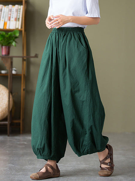 Plus Size  Women Cotton Linen Pocket Casual Lantern Pants RR1062 Buykud