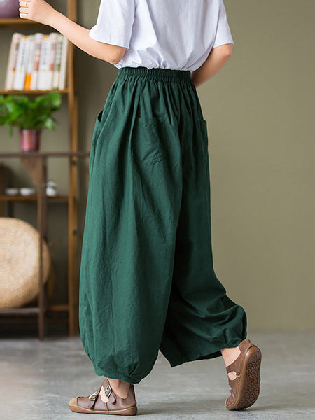 Plus Size  Women Cotton Linen Pocket Casual Lantern Pants RR1062 Buykud