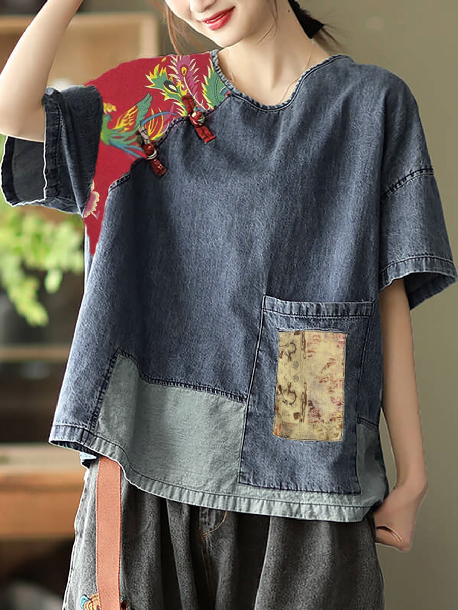 Plus Size Women Summer Vintage Spliced Denim Shirt SC1031 Ada Fashion