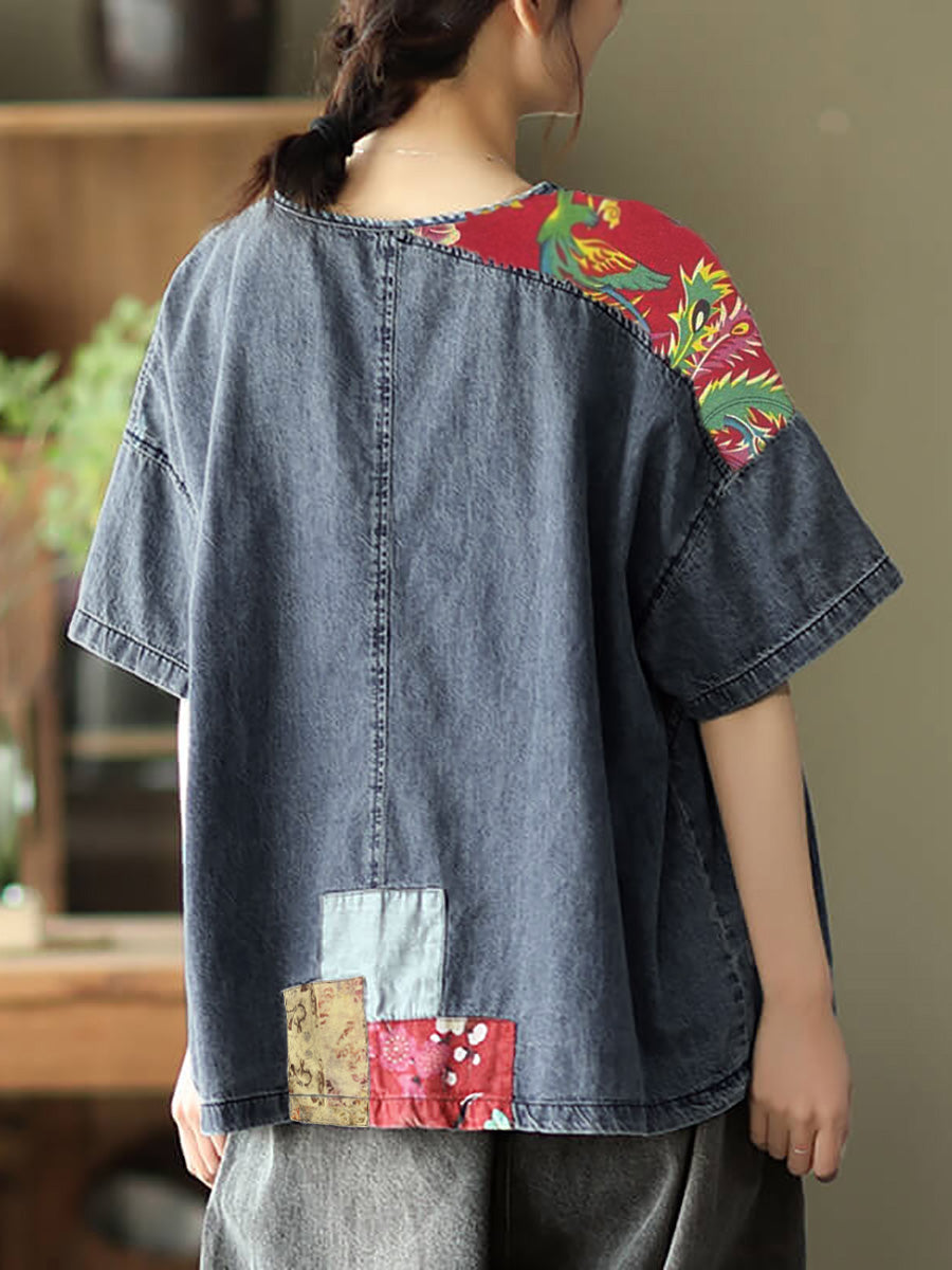 Plus Size Women Summer Vintage Spliced Denim Shirt SC1031 Ada Fashion