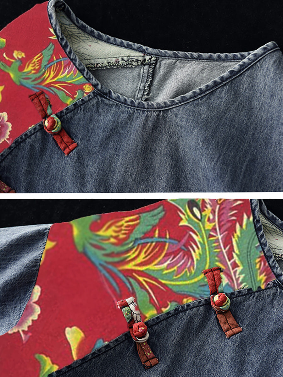 Plus Size Women Summer Vintage Spliced Denim Shirt SC1031 Ada Fashion