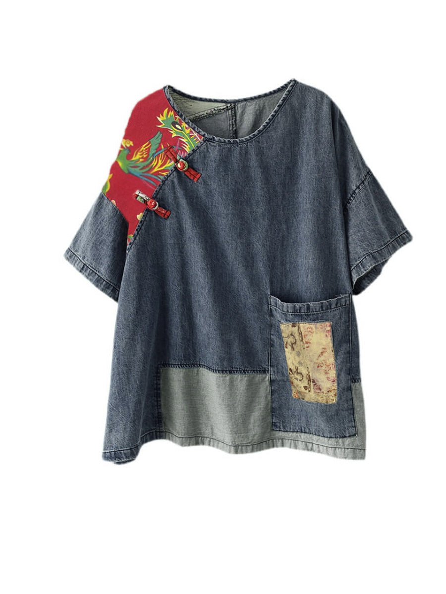 Plus Size Women Summer Vintage Spliced Denim Shirt SC1031 Ada Fashion