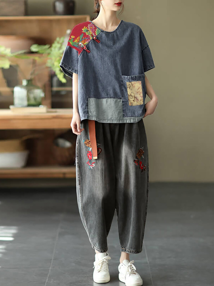 Plus Size Women Summer Vintage Spliced Denim Shirt SC1031 Ada Fashion