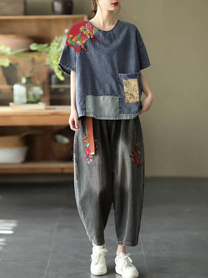 Plus Size Women Summer Vintage Spliced Denim Shirt SC1031 Ada Fashion