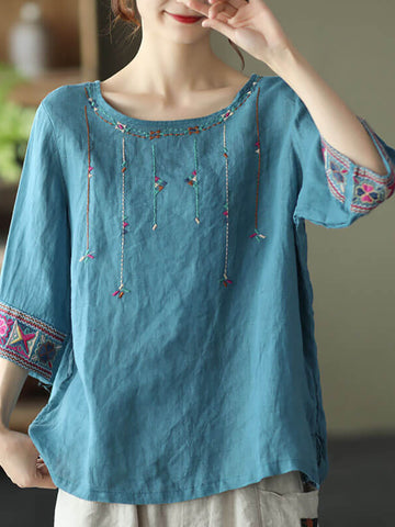 Plus Size Women Linen Vintage Embroidered T-shirt QW1029 Ada Fashion