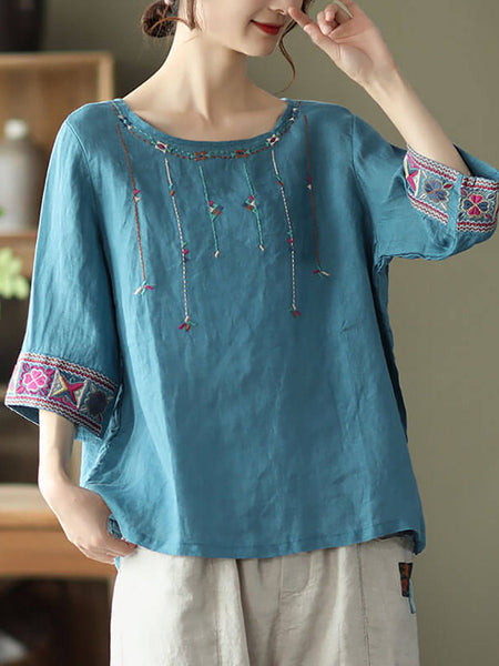 Plus Size Women Linen Vintage Embroidered T-shirt QW1029 Ada Fashion