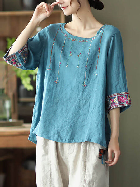 Plus Size Women Linen Vintage Embroidered T-shirt QW1029 Ada Fashion