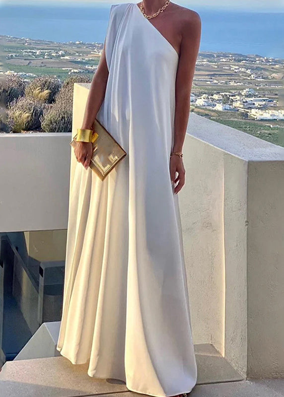 Long Shoulder White Solid Women's One Dress Summer FashionChic