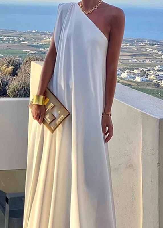 Women's Shoulder White Summer Solid Dress One Long FashionChic