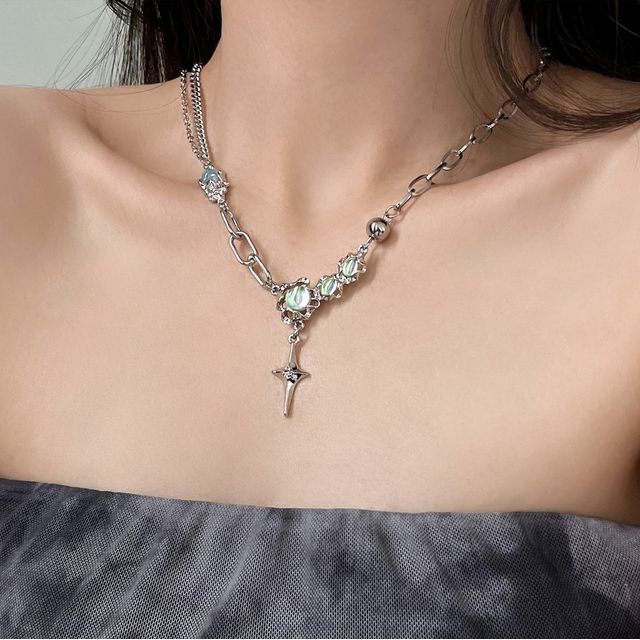 Stainless Star Rhinestone Necklace Pendant Moonstone Steel FashionChic