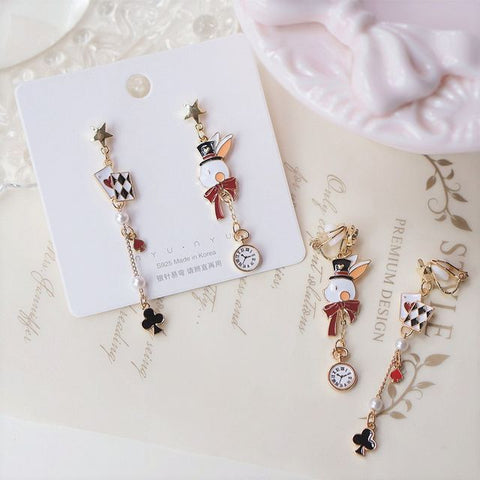 Asymmetrical Rabbit On Poker Enamel Drop Earring Clip / FashionChic