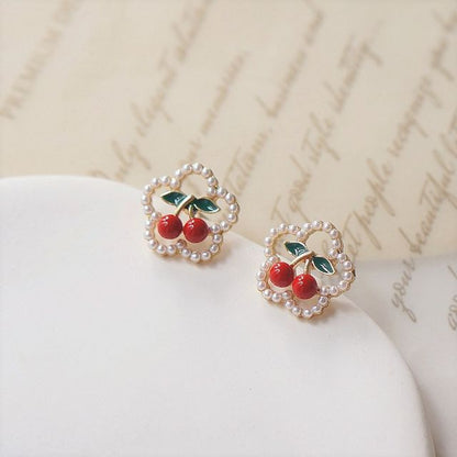 Earring Cherry / Clip Flower Faux Stud Pearl On FashionChic