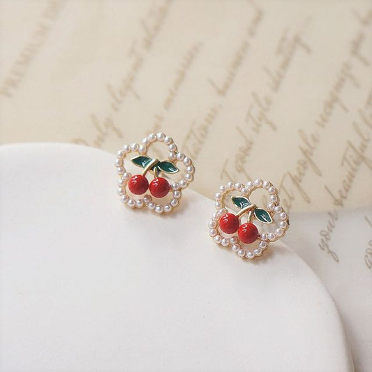 Earring Cherry / Clip Flower Faux Stud Pearl On FashionChic