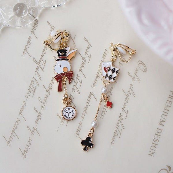 Asymmetrical Rabbit On Poker Enamel Drop Earring Clip / FashionChic