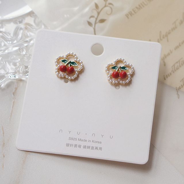 Earring Cherry / Clip Flower Faux Stud Pearl On FashionChic