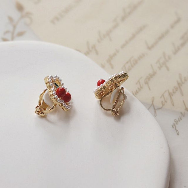 Earring Cherry / Clip Flower Faux Stud Pearl On FashionChic
