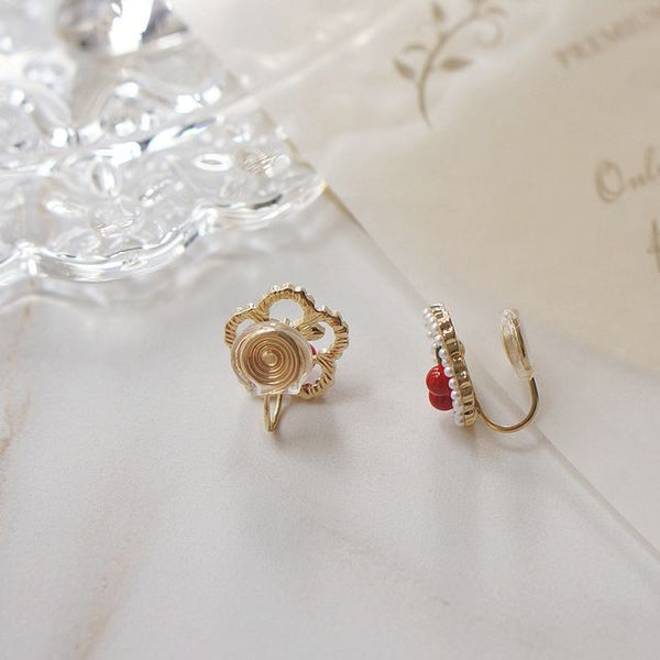 Earring Cherry / Clip Flower Faux Stud Pearl On FashionChic