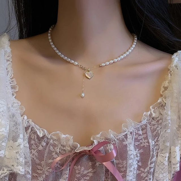 Heart Pearl Faux Choker Pendant Shell FashionChic