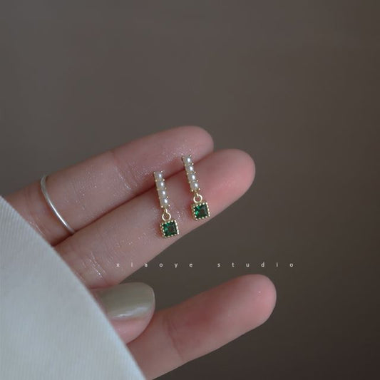 Square Pearl Faux Rhinestone Earring Drop Alloy