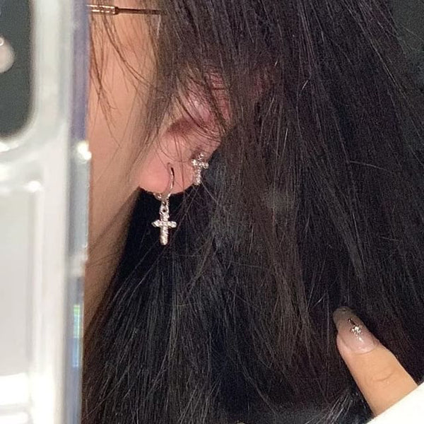 Rhinestone Asymmetrical Drop Alloy Cross Earring FashionChic
