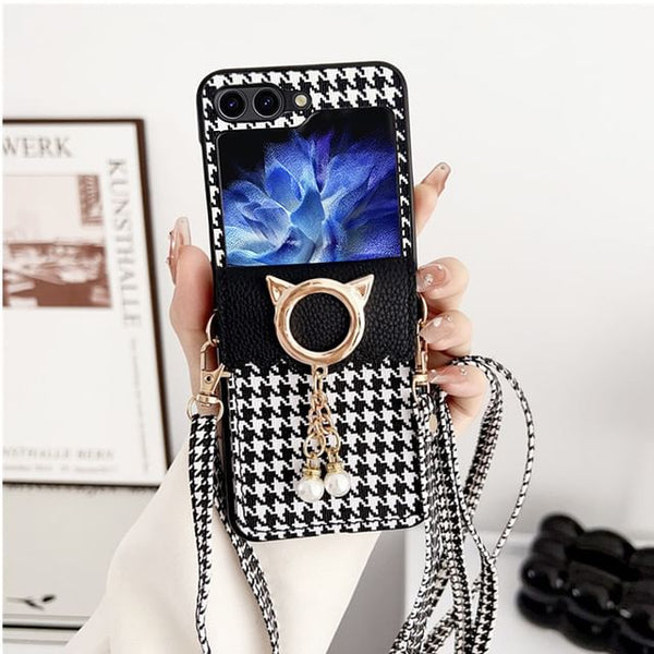 Lanyard Phone Cat Case Pearl Faux Houndstooth FashionChic