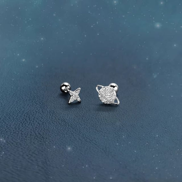 Star Asymmetrical Rhinestone Earring Silver Sterling Barbell FashionChic