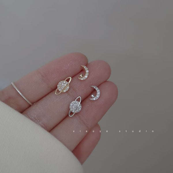 Earring Rhinestone Moon Silver Asymmetrical Stud Sterling FashionChic