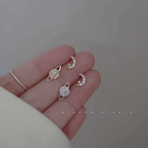 Earring Rhinestone Moon Silver Asymmetrical Stud Sterling FashionChic