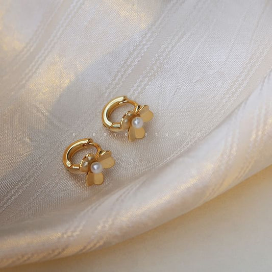 Pearl Huggie Sterling Flower Faux Silver Earring FashionChic