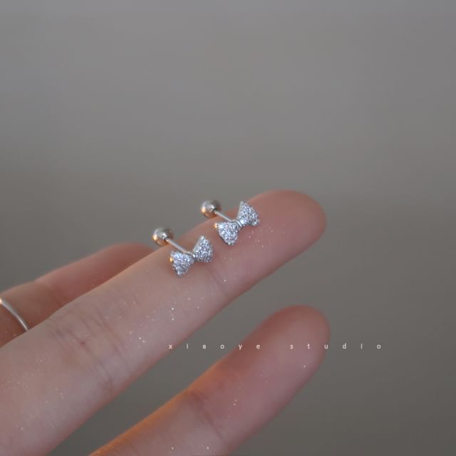 Sterling Silver Earring Barbell Bow Rhinestone FashionChic