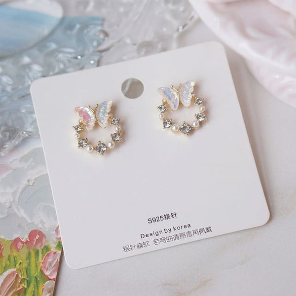 Rhinestone Faux Stud Alloy Pearl Butterfly Earring FashionChic