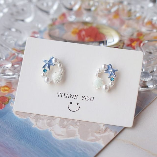 Faux Alloy Starfish Shell Earring Stud Pearl FashionChic