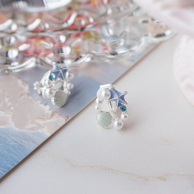 Faux Alloy Starfish Shell Earring Stud Pearl FashionChic